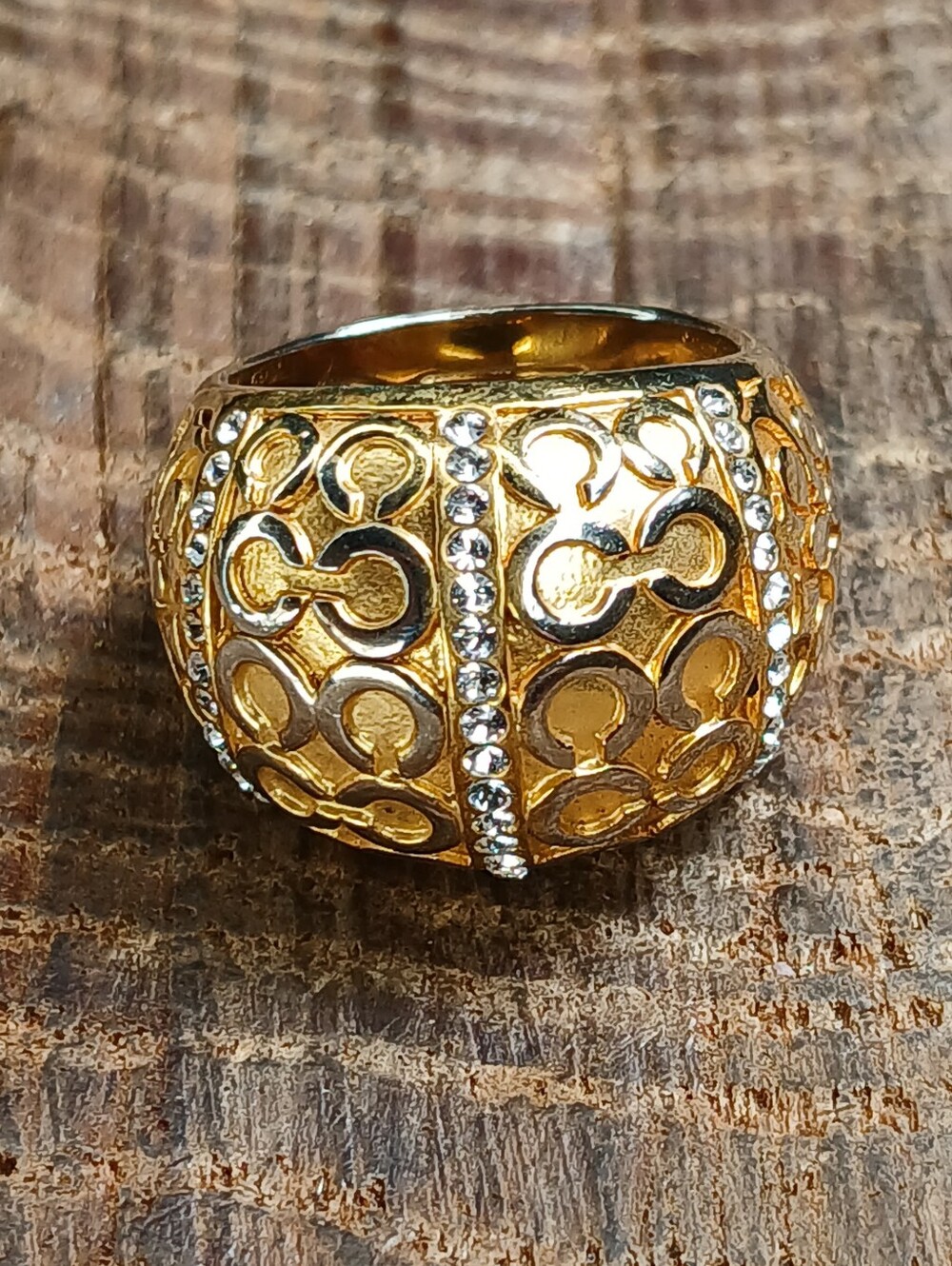Coach Signature Dome Ring Gold Tone Cz Rhibestone Accents Size 6.5